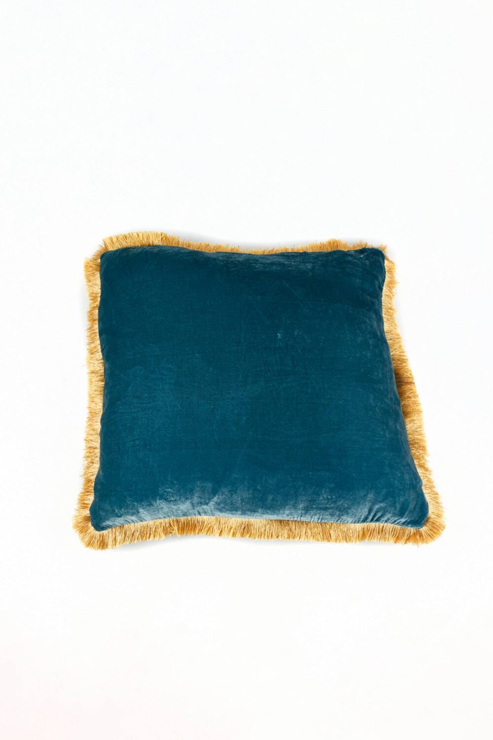 Ref. 2276 - Coussin Fringe Velours de soie bleu 60 x 60 cm