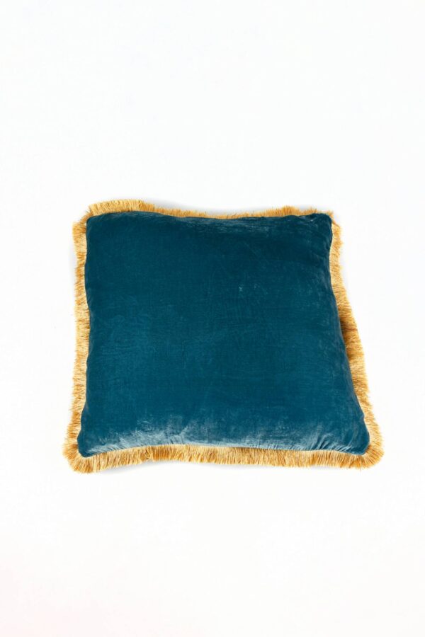 Ref. 2276 - Cushion Fringe Velours de soie bleu 60 x 60 cm – Image 2